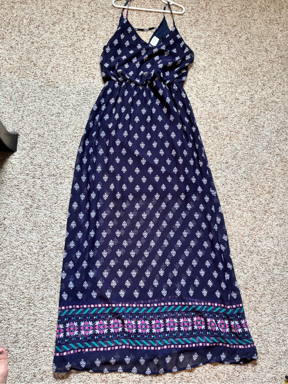 Navy Printed Maxi Summer Dress with Patterned Hem